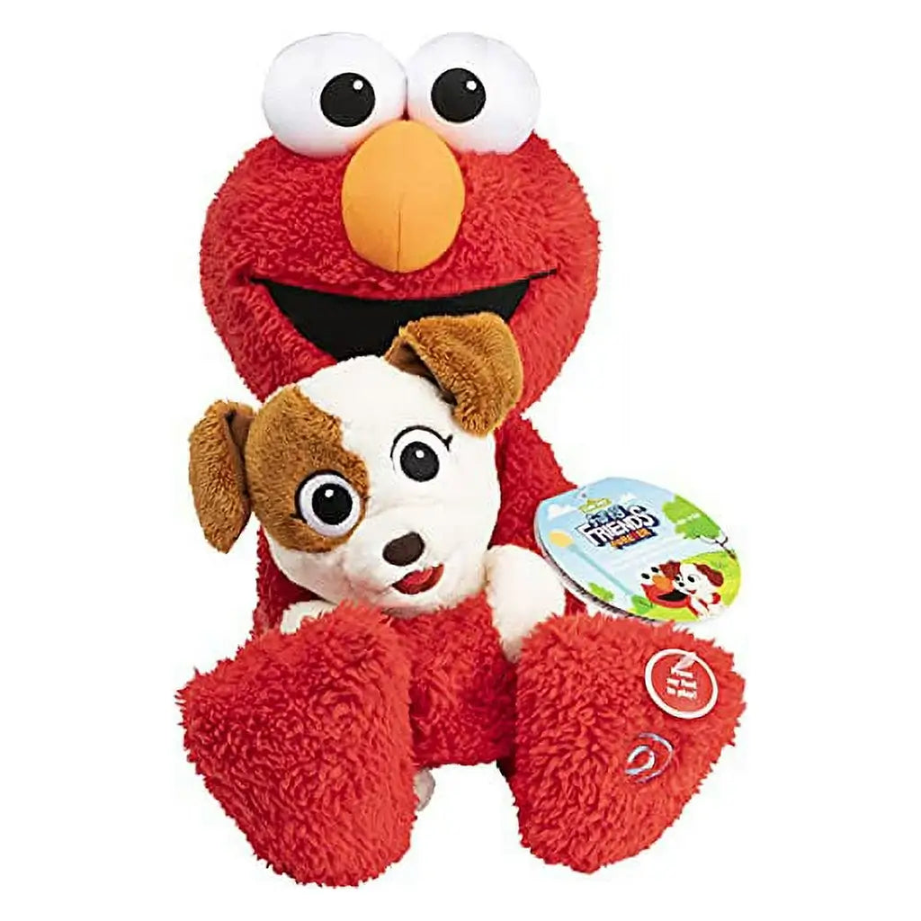 Plush Elmo hugging Tango dog, shown with retail tag attached, highlighting interactive animated features for children and branded packaging for store display.