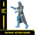 DC Comics Batman 12-inch action figure in gray trench coat and blue armored suit, posed mid-stride with highlighted scale text showing height measurement.