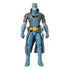 DC Comics Batman 12-inch action figure front view featuring gray coat, blue armor with chest emblem, yellow utility belt, and silver grapple accessory.