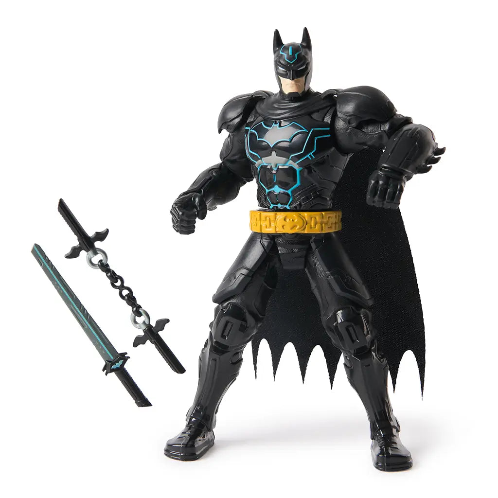 Batman Ninja Strike 6-inch action figure in black armor with blue accents, shown with detachable sword and chain weapons, designed for imaginative superhero play.