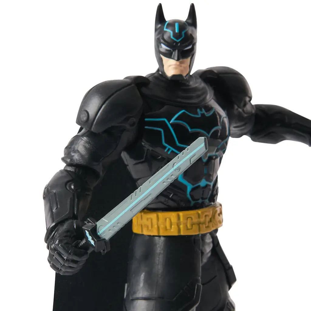 Close-up of Batman Ninja Strike action figure holding sword, showcasing detailed black suit with neon blue bat emblem, gold utility belt, and battle-ready stance.