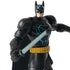 Close-up of Batman Ninja Strike action figure holding sword, showcasing detailed black suit with neon blue bat emblem, gold utility belt, and battle-ready stance.