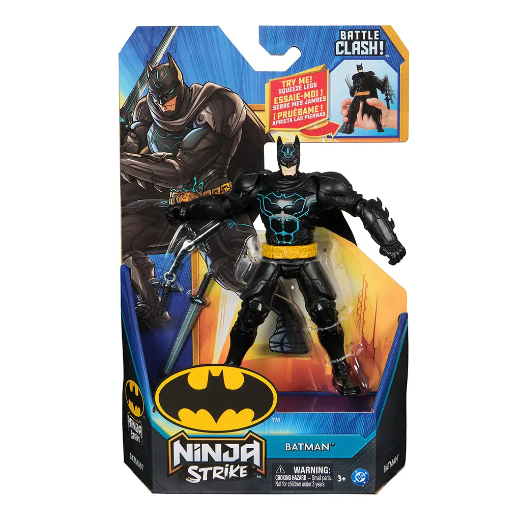 Packaged DC Comics Batman Ninja Strike action figure in display box with accessories, featuring bold superhero graphics and interactive “Try Me” feature callout.