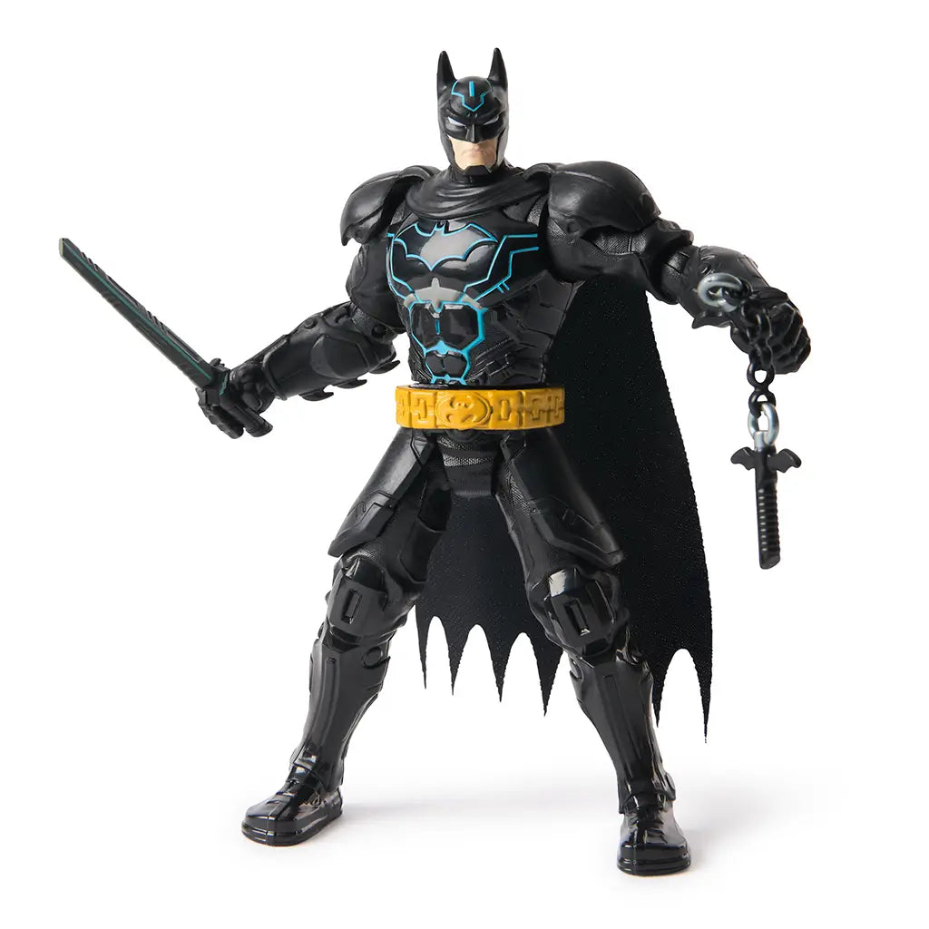 Fully posed Batman Ninja Strike 6-inch action figure with black cape, gold belt, blue chest symbol, and dual weapons, ideal for collectors and superhero fans.