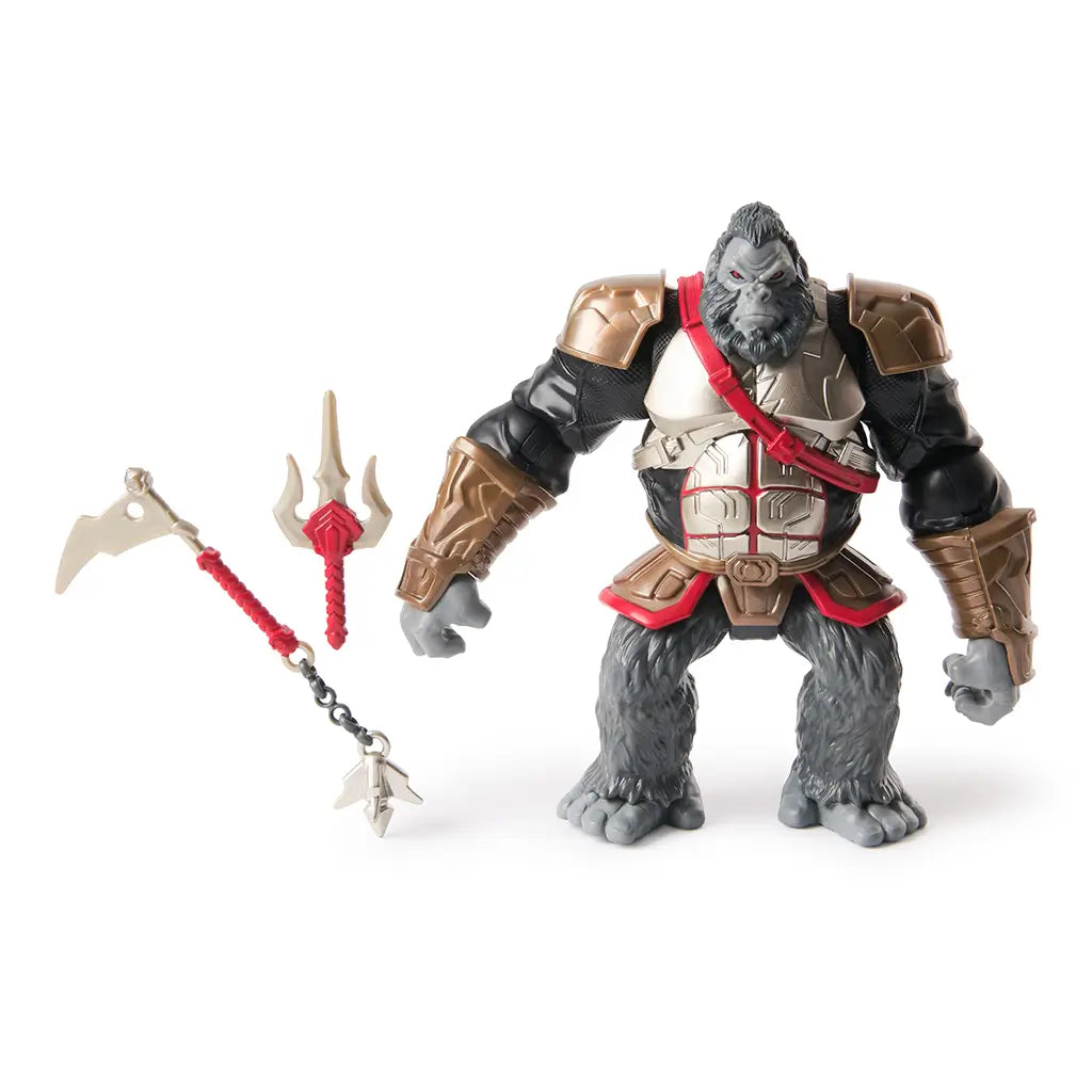 Gorilla Grodd Ninja Strike action figure shown with detached accessories including a red trident and chained flail, ready for customizable combat adventures.