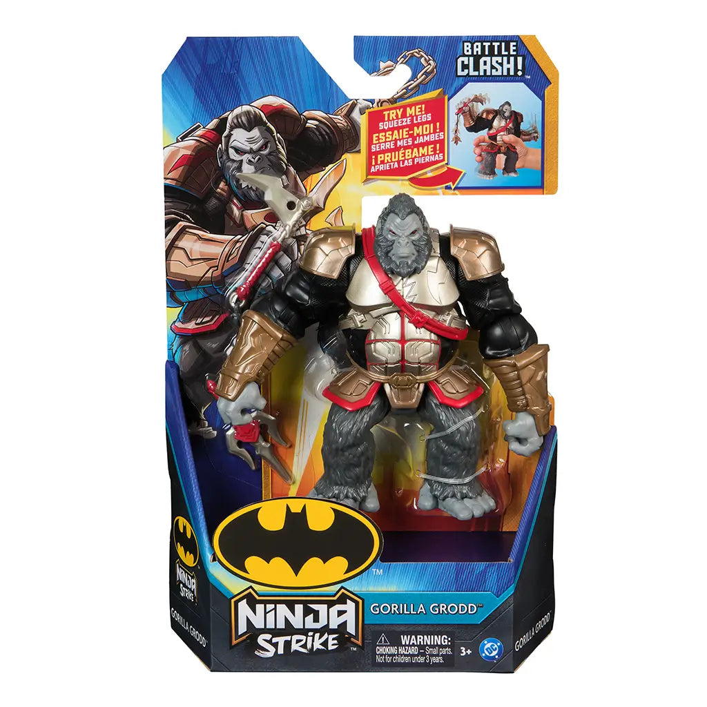 Packaged Gorilla Grodd action figure from DC's Ninja Strike line, displayed in colorful retail box with armor, weapons, and interactive “Try Me” feature label.