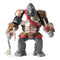 Full view of Gorilla Grodd 6-inch action figure in gold and red battle armor with gray fur texture, holding a flail and trident weapon for action-packed play.