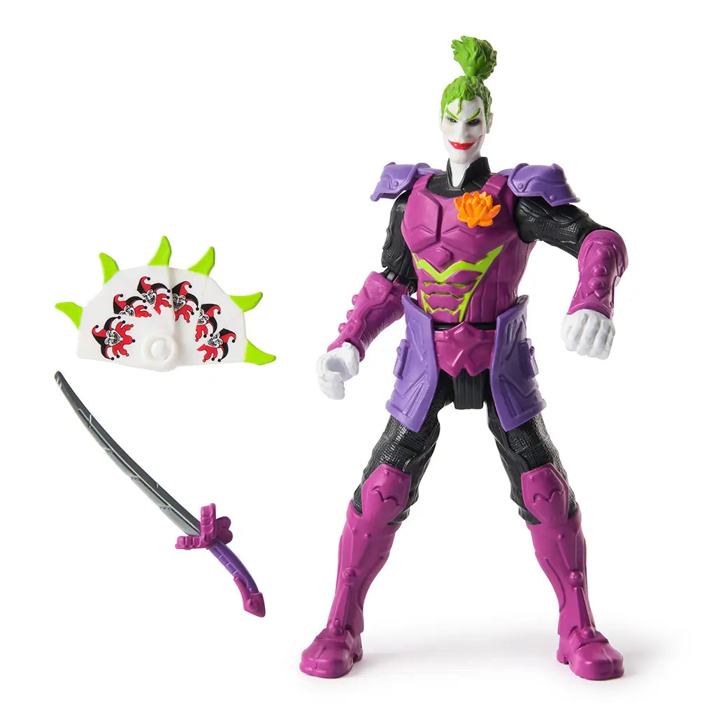 The Joker Ninja Strike 6-inch action figure shown with removable sword and shield accessories, wearing detailed purple and black armor with green topknot hair.