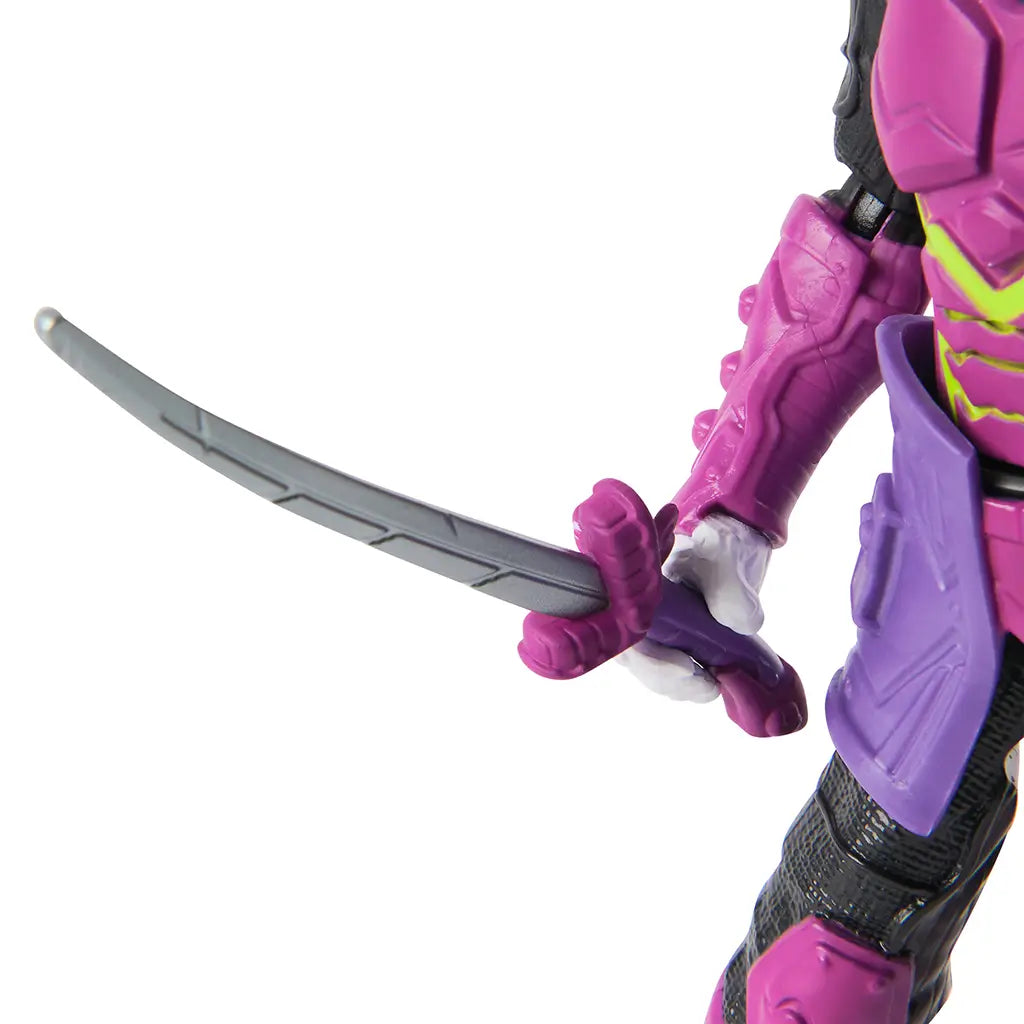 Close-up of Ninja Strike The Joker action figure’s right hand gripping a gray sword with purple hilt, showcasing weapon detail and textured purple glove.