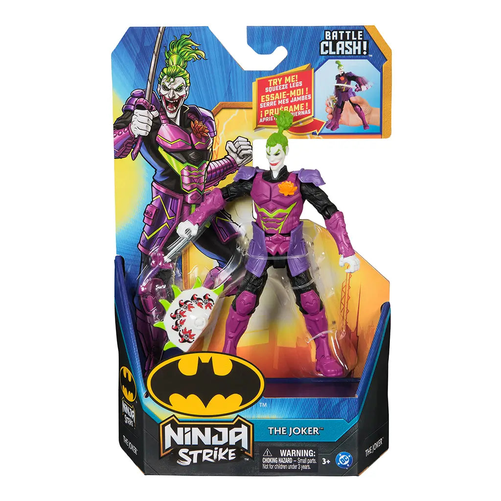 DC Comics Ninja Strike The Joker 6-inch action figure in original packaging, featuring purple and black armor with green hair, sword, and spiked shield accessory.