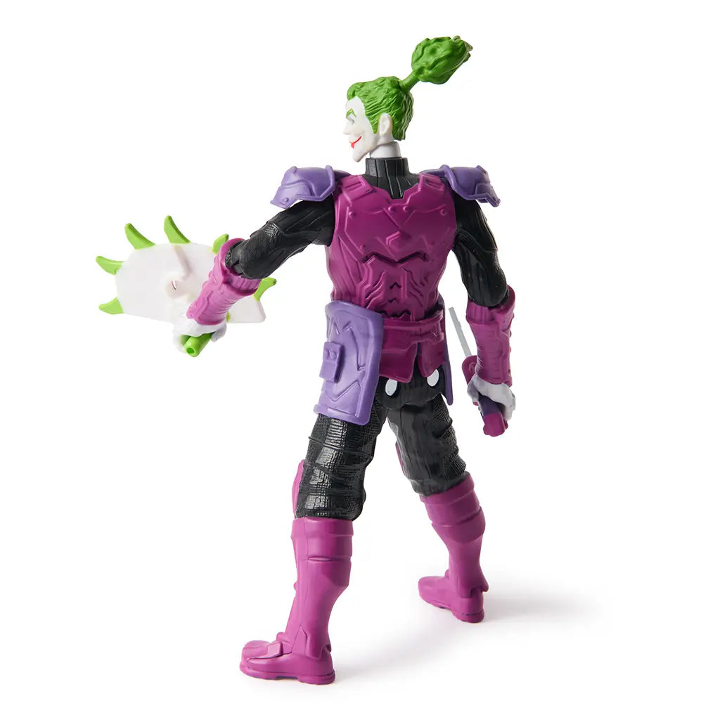 Rear view of DC Comics Ninja Strike The Joker 6-inch figure showing purple and black armor details, sword sheathed, and spiked shield held in left hand.
