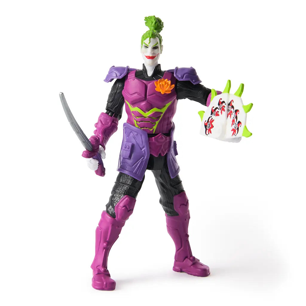 DC Comics 6-inch Ninja Strike The Joker action figure standing upright, in purple battle armor with katana sword and green spiked shield, on white background.