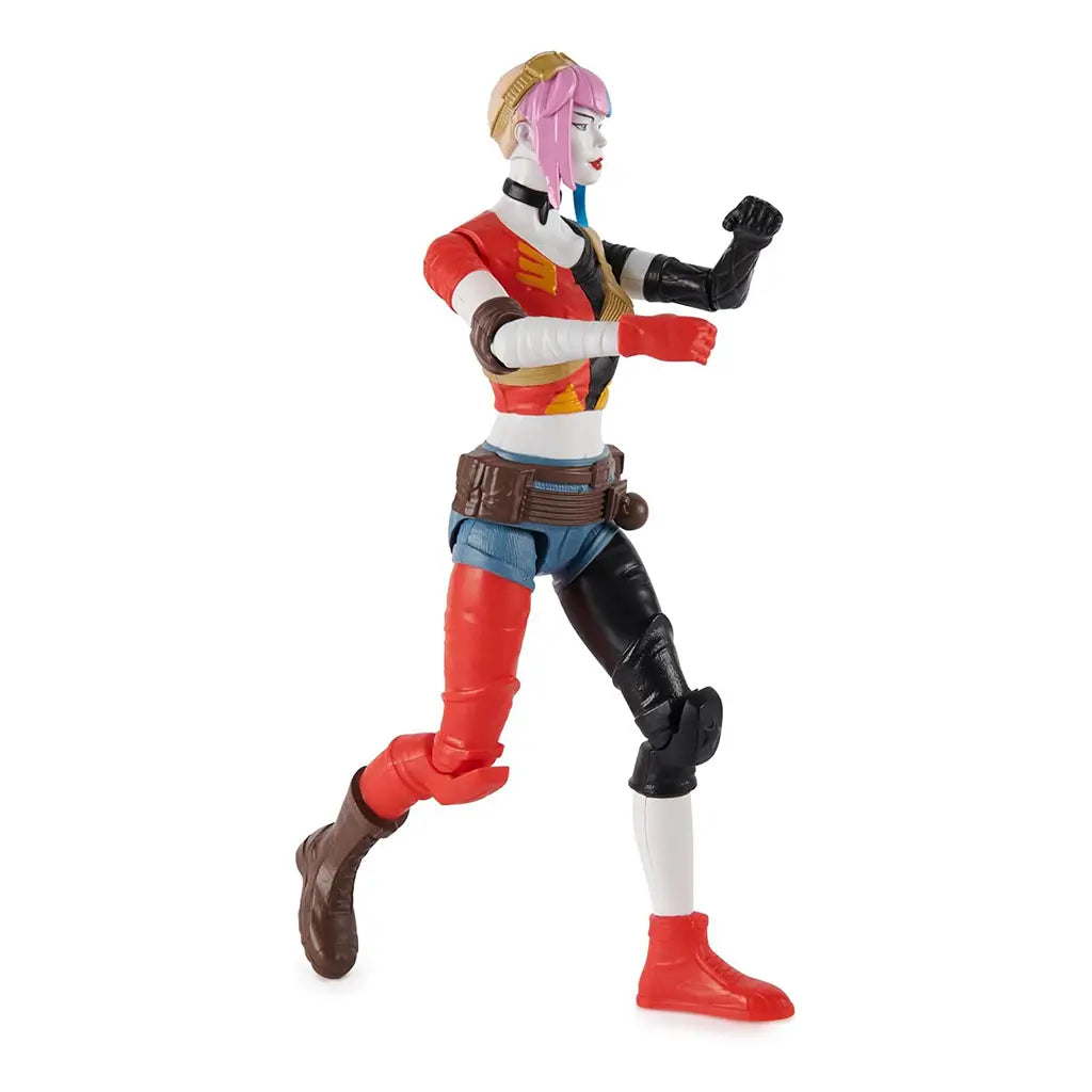 Harley Quinn action figure posed in running motion, with authentic DC Comics styling, colorful split outfit, utility belt, red glove, and half pink, half blue hair.