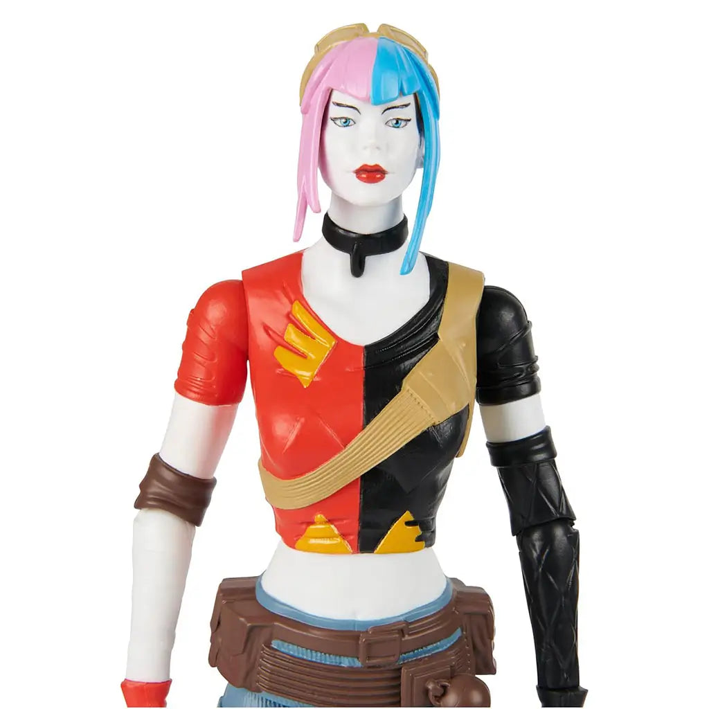 DC Comics Harley Quinn 12-inch action figure close-up showing colorful design with red, black, yellow top, brown belt, and pink-blue hair against plain background.