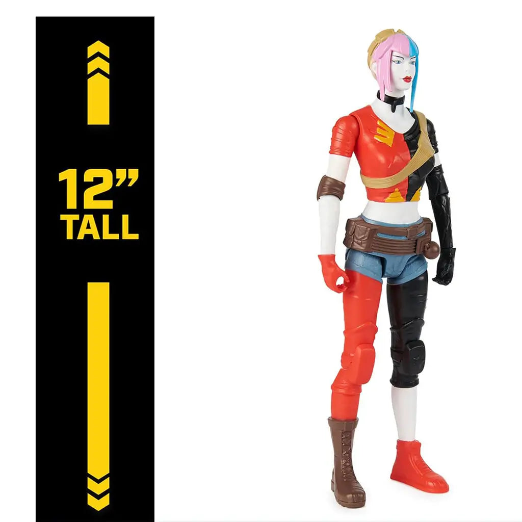 Harley Quinn 12-inch DC Comics action figure shown with measurement graphic, dressed in red and black attire, blue shorts, combat boots, and colorful split hair.