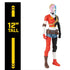 Harley Quinn 12-inch DC Comics action figure shown with measurement graphic, dressed in red and black attire, blue shorts, combat boots, and colorful split hair.
