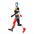 Poseable Harley Quinn 12-inch action figure in walking stance, featuring red and black mismatched outfit, combat boots, and vibrant split pink and blue hairstyle.