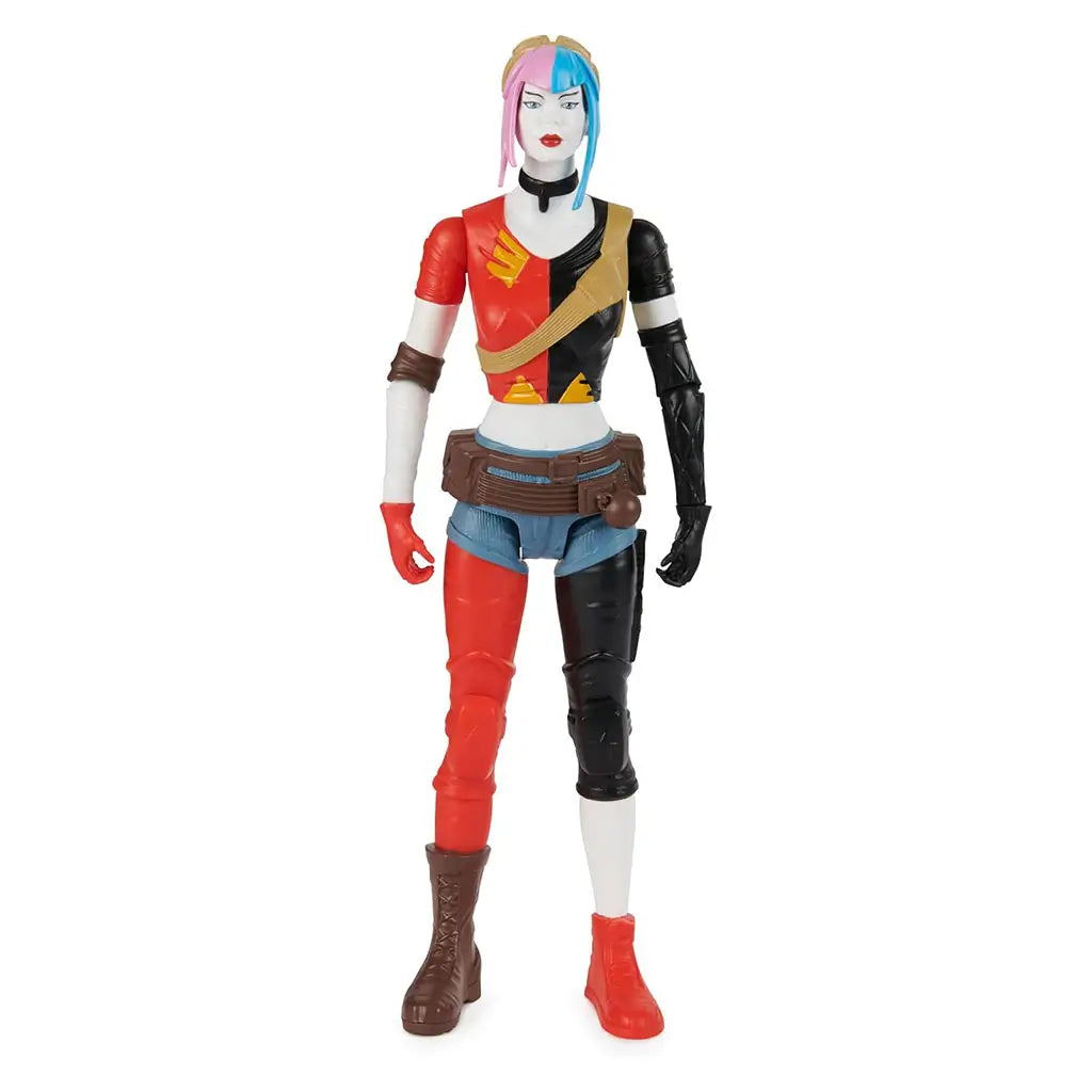 Front view of Harley Quinn 12-inch DC Comics action figure, wearing mismatched red and black outfit with brown belt, combat boots, and bright split pink-blue hair.