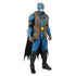 Angled view of post-apocalypse Batman figure wearing padded vest, blue armored suit, and black cape, ideal for kids and collectors of superhero toys.