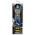 Post-apocalypse Batman 12-inch action figure in branded packaging, featuring rugged design with blue armor and yellow belt, safe for children ages 3 and up.