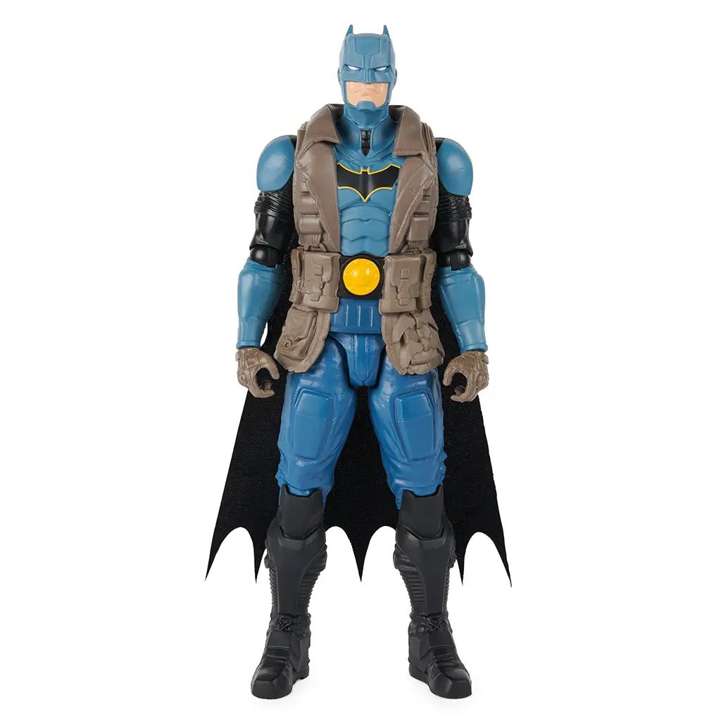 Post-apocalypse Batman action figure with blue armor, brown tactical vest, black boots, and bat cape, designed for adventurous role-play and display.