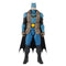 Post-apocalypse Batman action figure with blue armor, brown tactical vest, black boots, and bat cape, designed for adventurous role-play and display.