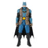 Post-apocalypse Batman action figure with blue armor, brown tactical vest, black boots, and bat cape, designed for adventurous role-play and display.