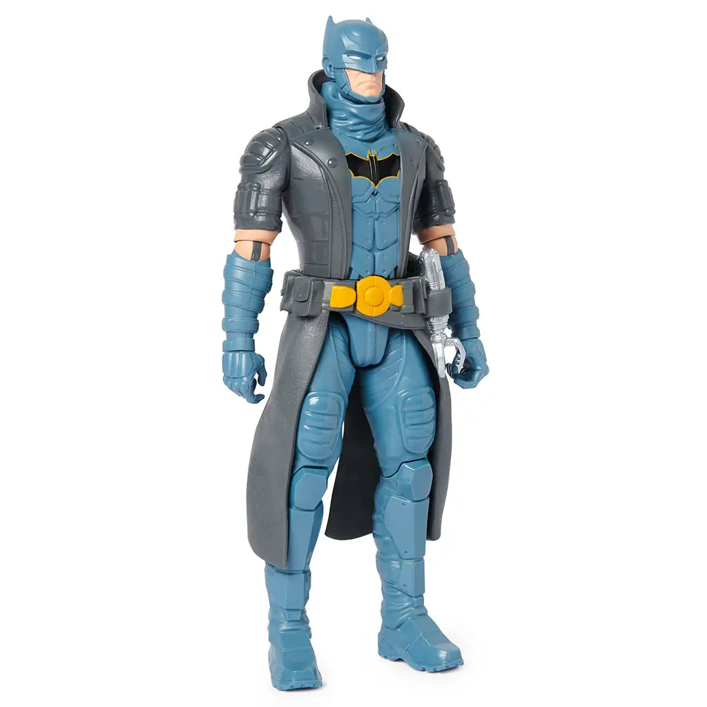 Front angle view of steampunk Batman figure wearing textured trench coat, blue armor, and yellow belt, ideal for collectors and young fans.