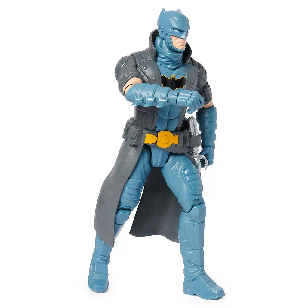 Batman action figure in steampunk-inspired armor with tactical gear, trench coat, and articulated limbs for imaginative superhero role-play.