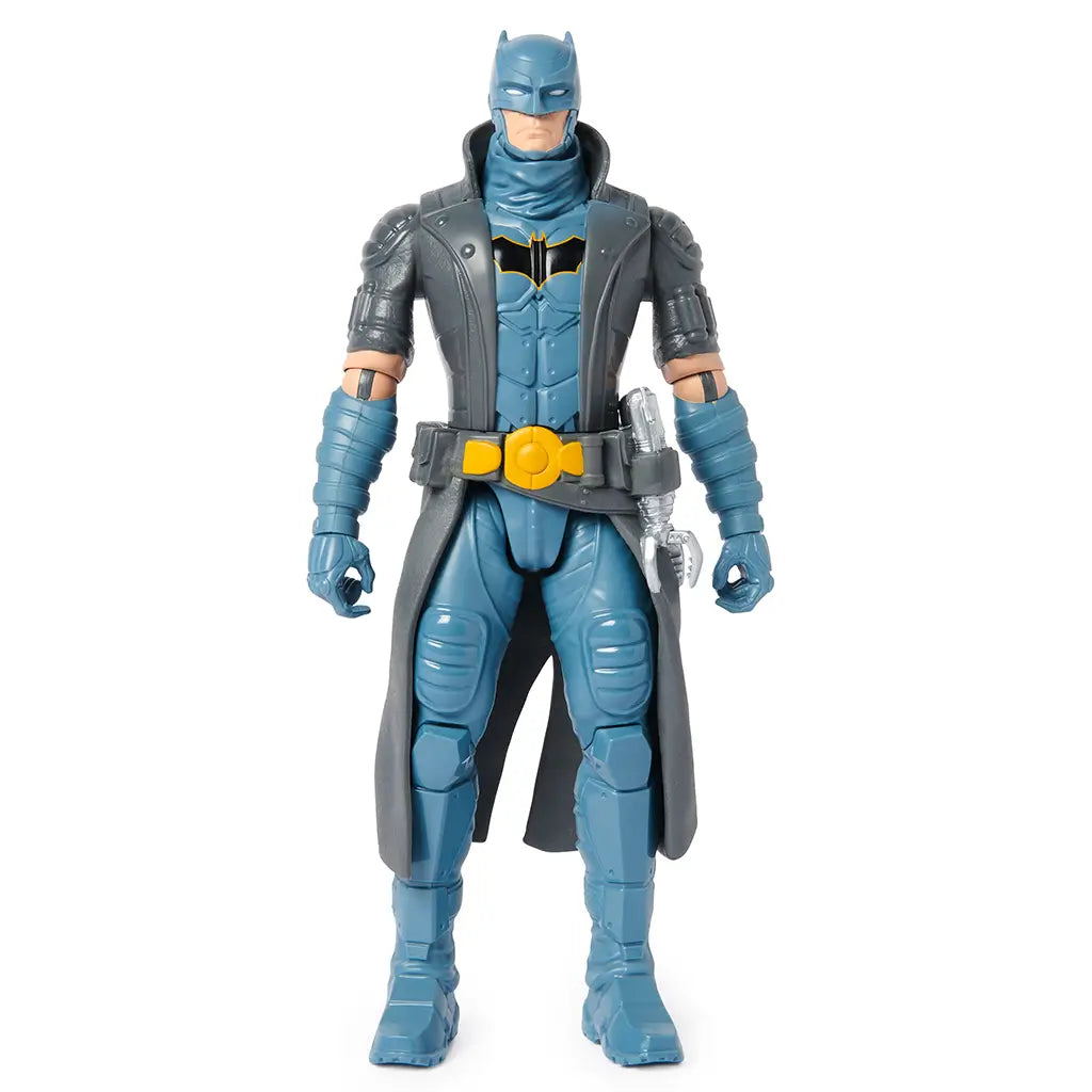 Full front view of 12-inch steampunk-themed Batman action figure with detailed sculpt, blue armor, yellow utility belt, and black bat emblem.
