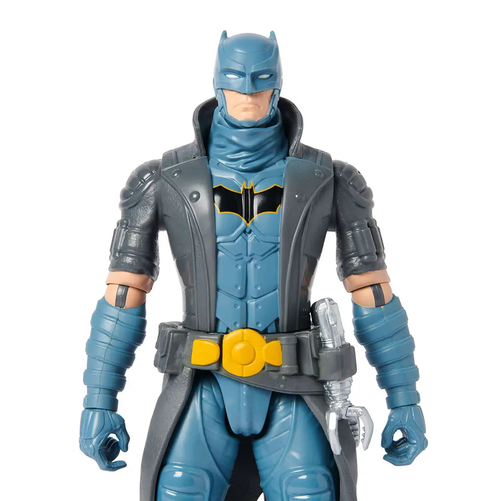 Closeup of DC Comics Steampunk Batman action figure, highlighting stern facial sculpt under cowl, chest bat emblem, and yellow belt with holstered gadget.