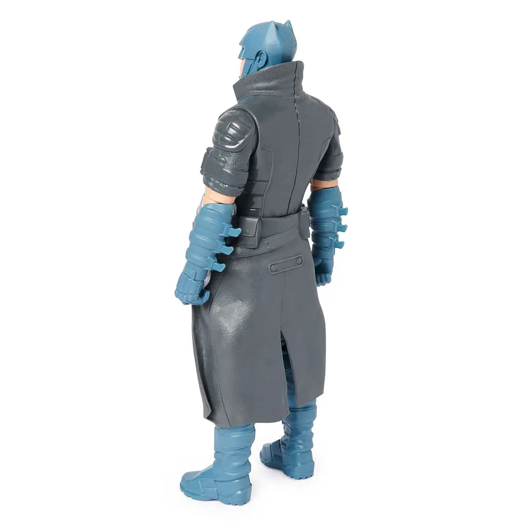 Rear angled view of DC Comics Steampunk Batman 12-inch figure, showcasing detailed sculpting of long gray trench coat and blue boots.