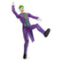 Poseable Joker 12-inch action figure with 11 points of articulation, shown mid-motion raising arm and kicking leg, wearing purple suit with green vest and orange bow tie.
