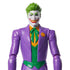 Close-up of Joker 12-inch DC Comics action figure, highlighting green slicked-back hair, exaggerated grin with red lips, and purple suit with green vest and orange shirt.