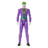 DC Comics The Joker 12-inch action figure front view with green hair, white face, purple suit, green vest, orange shirt, and wide grin, posed upright on plain background.