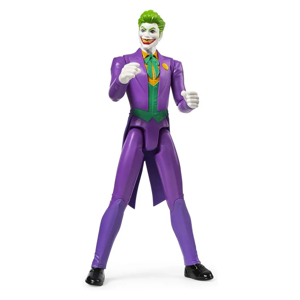 Joker 12-inch DC Comics action figure in fighting stance with clenched fists, dressed in purple tailcoat suit with green vest and orange bow tie.