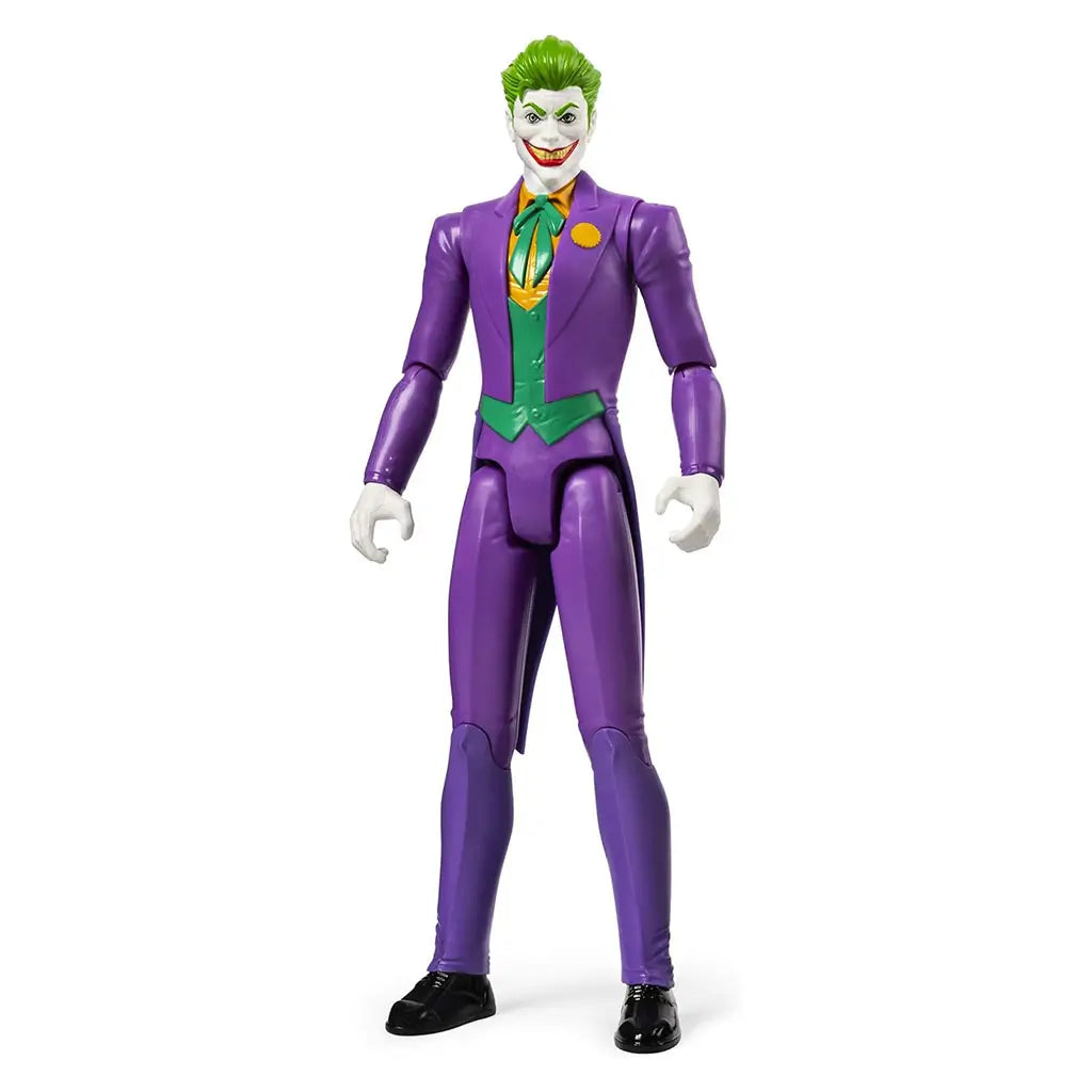 Full view Joker DC Comics 12-inch action figure in purple suit, black shoes, green vest, orange bow tie, with articulated joints for posing and play.