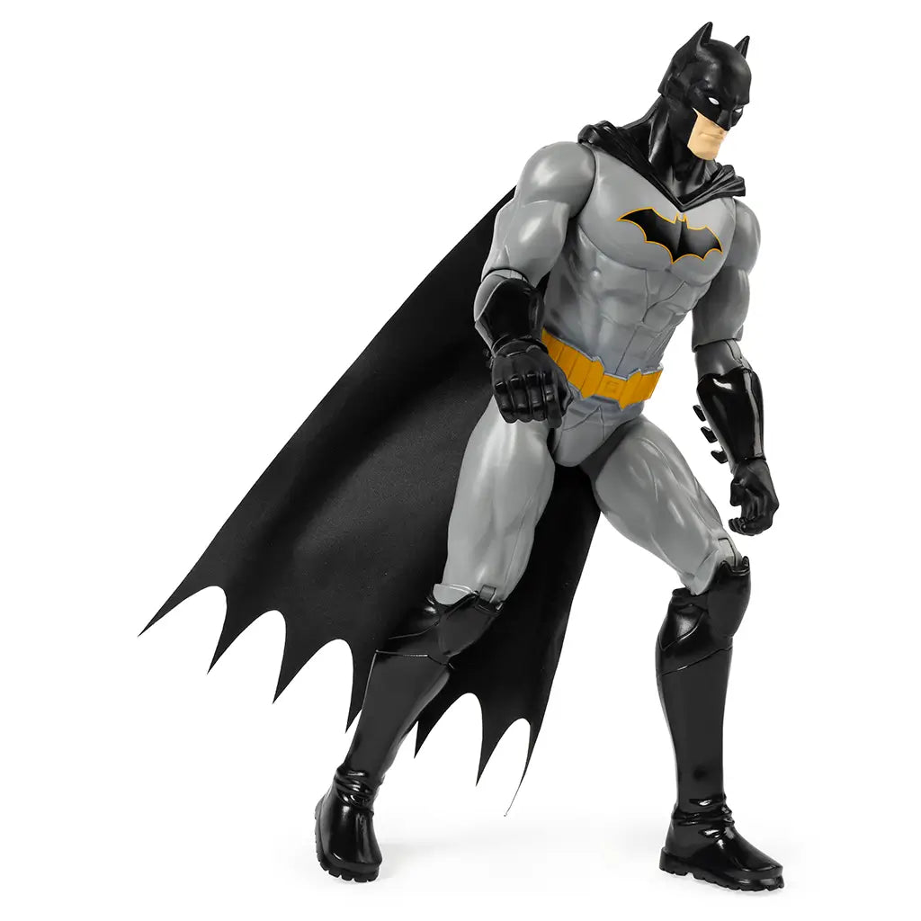 Poseable Batman action figure in grey suit with black cape and boots, yellow utility belt, and black chest emblem, ideal for imaginative superhero play.