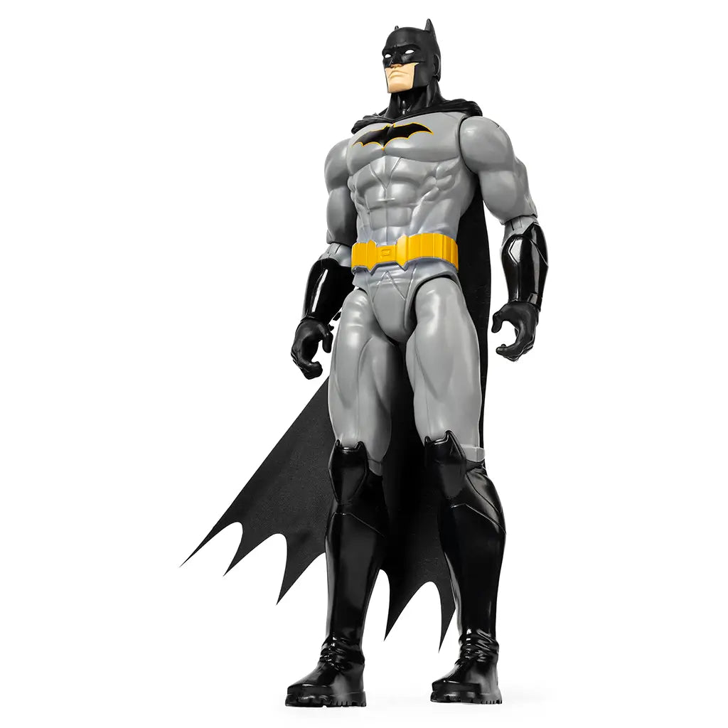 Side view of Batman action figure in grey and black costume with muscular design, black boots, and yellow belt, perfect for collectors and kids.