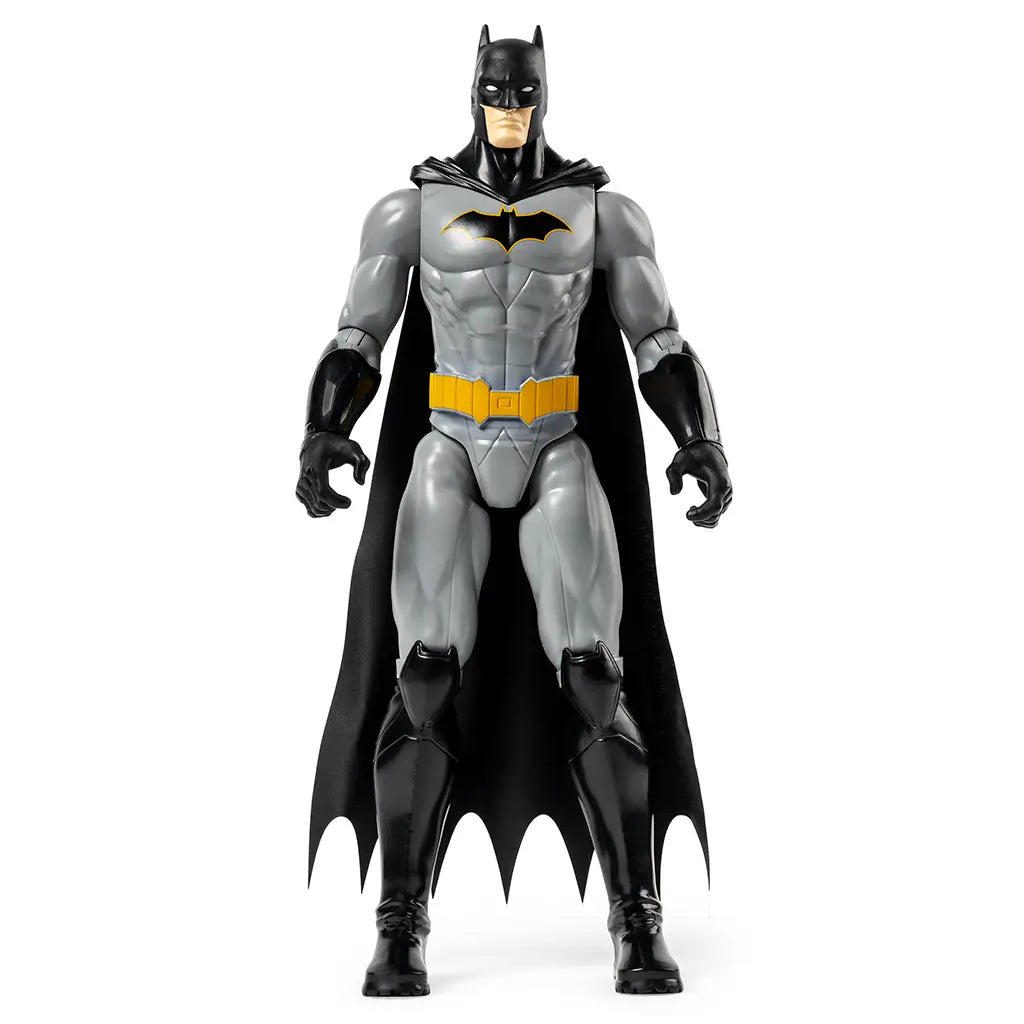 Front view of grey-suited Batman action figure with black cape, boots, gloves, and yellow utility belt, designed for superhero fans and imaginative play.