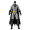 Front view of grey-suited Batman action figure with black cape, boots, gloves, and yellow utility belt, designed for superhero fans and imaginative play.