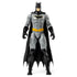 Front view of grey-suited Batman action figure with black cape, boots, gloves, and yellow utility belt, designed for superhero fans and imaginative play.