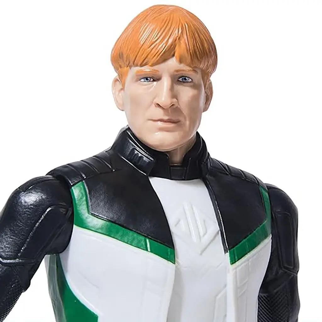 Close-up of DC Green Lantern 12-inch action figure with short orange hair, blue eyes, and detailed sculpt wearing a black, white, and green superhero uniform with emblem belt.