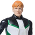 Close-up of DC Green Lantern 12-inch action figure with short orange hair, blue eyes, and detailed sculpt wearing a black, white, and green superhero uniform with emblem belt.