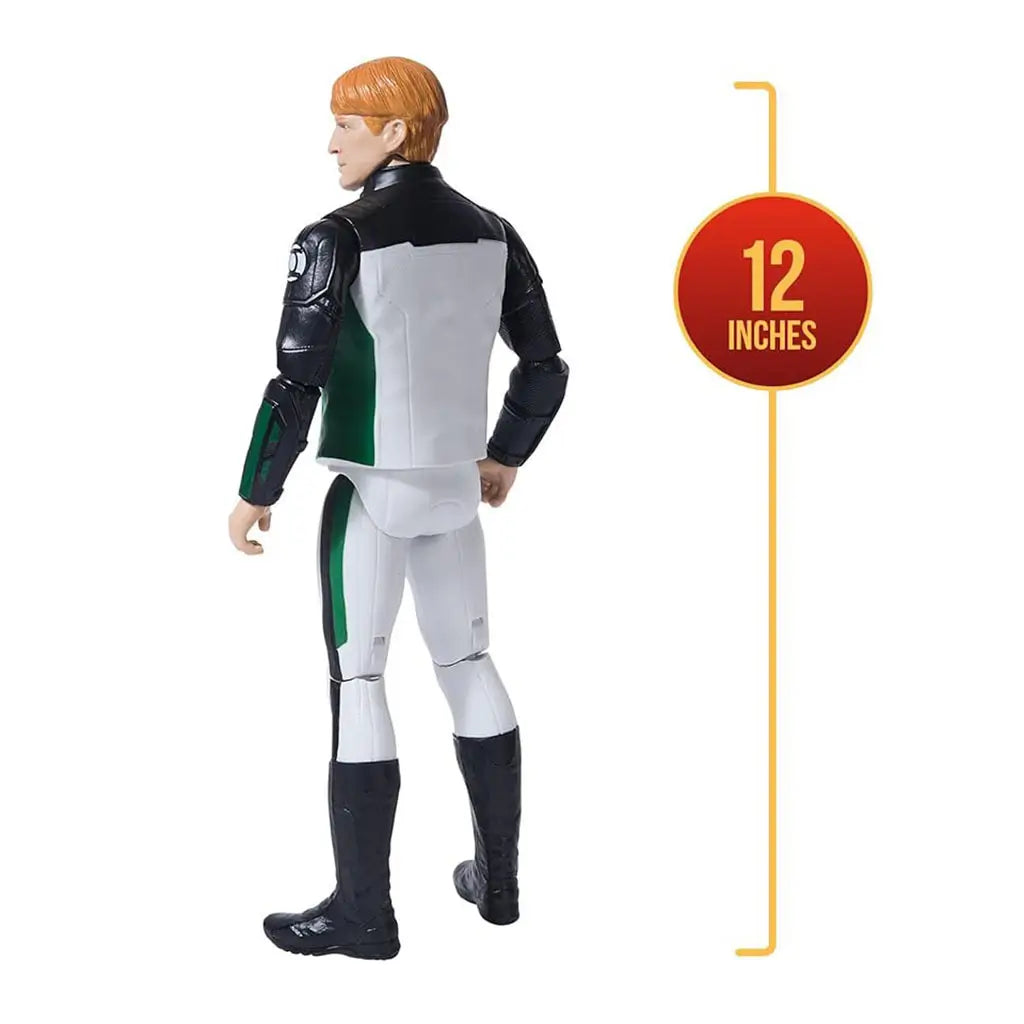 DC Studios Green Lantern 12-inch action figure rear angled view with measurement reference, highlighting white and green suit, black boots, and accurate character detailing.