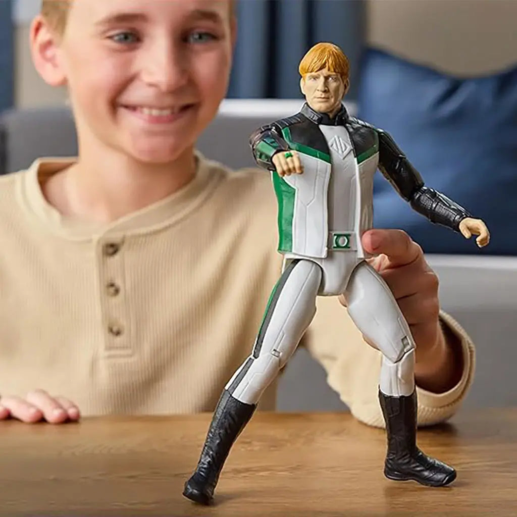 Child playing with DC Green Lantern 12-inch action figure on table, showing poseable design, white and green costume with black accents, and signature lantern belt symbol.