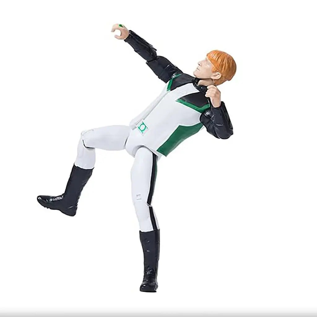 Poseable DC Green Lantern 12-inch action figure displayed in action stance, wearing black, white, and green superhero outfit with lantern belt symbol and articulated joints.
