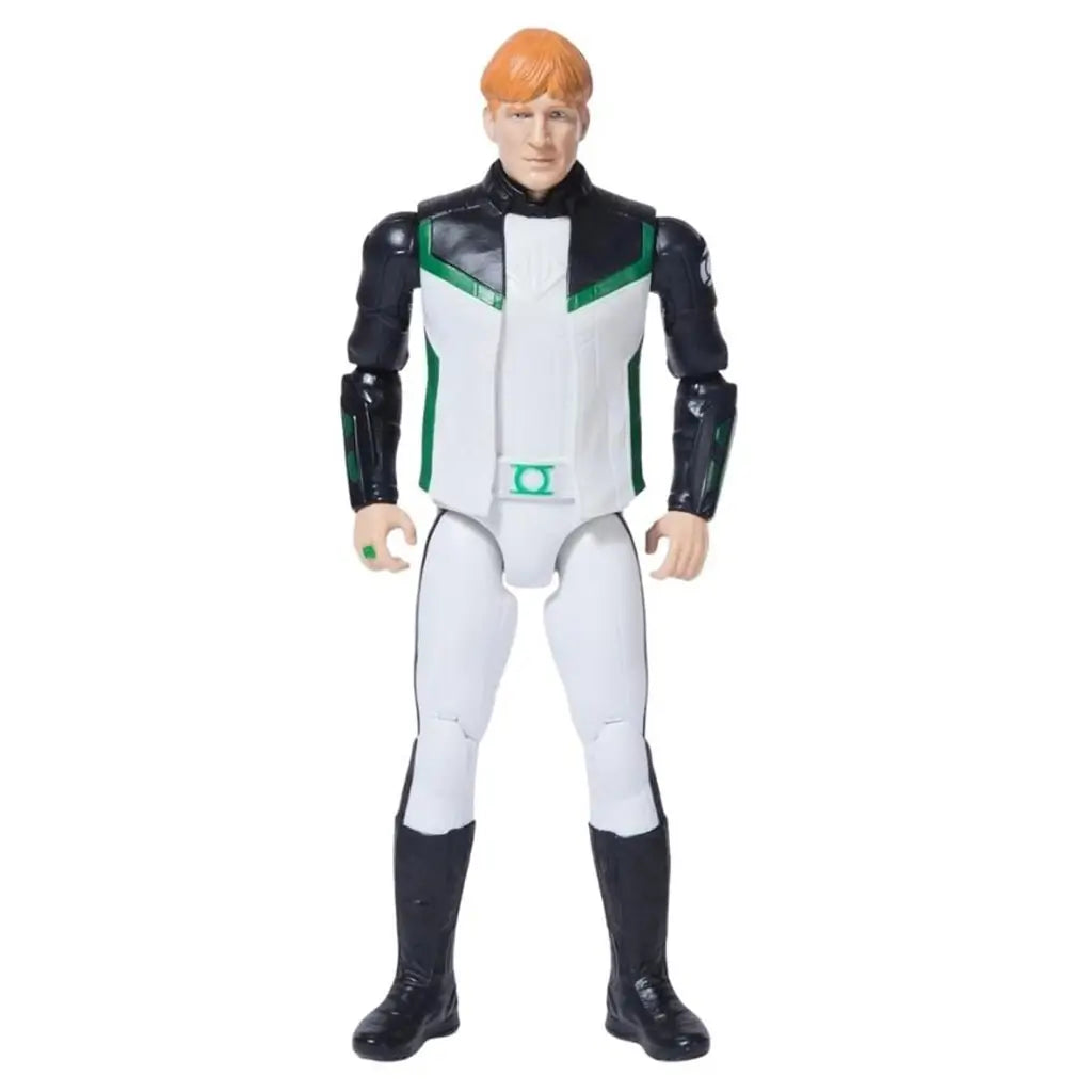 Front view of DC Studios Green Lantern 12-inch action figure wearing white, black, and green superhero suit with emblem belt and power ring, poseable collectible toy.