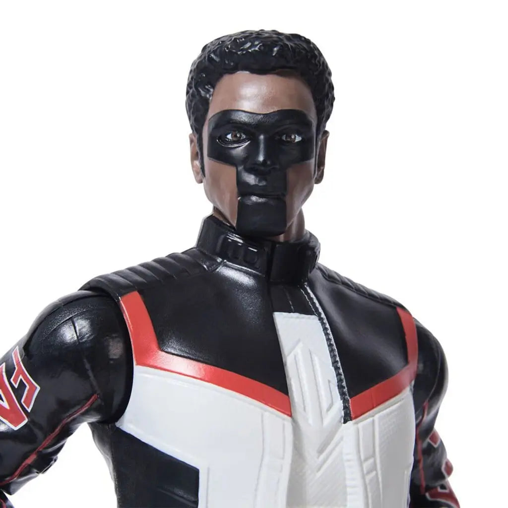 Close-up of DC Studios Mr. Terrific 12-inch action figure, showing facial mask design, detailed sculpted hair, and black, white, and red superhero costume with fine textures.