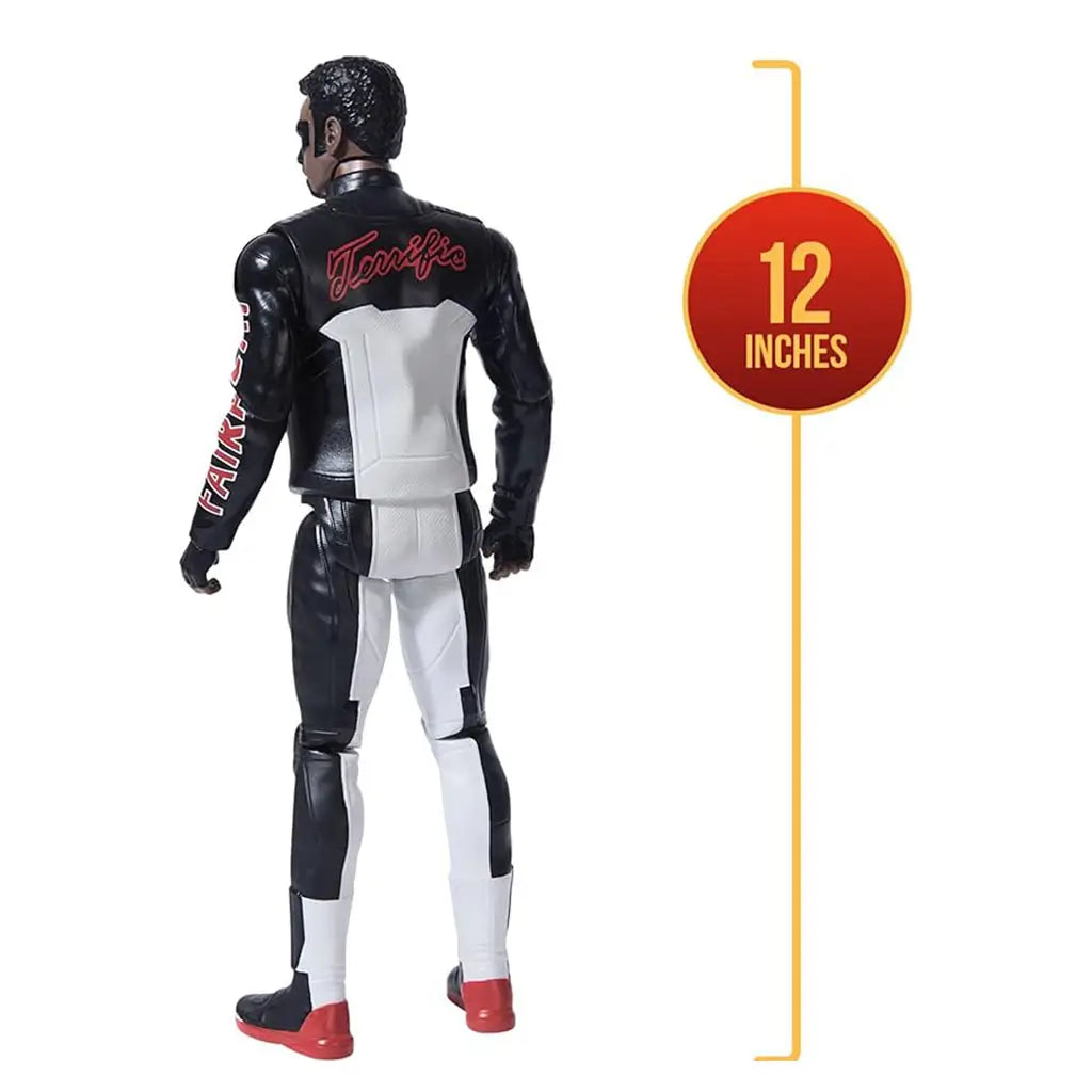 DC Studios Mr. Terrific 12-inch action figure shown from the back, wearing a black and white suit with red 'Terrific' lettering, alongside size reference of 12 inches.